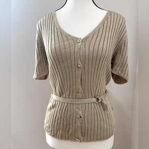 Quadro Gold  Metallic Ribbed Knit Top Made In Italy Short Sleeve Button Front S